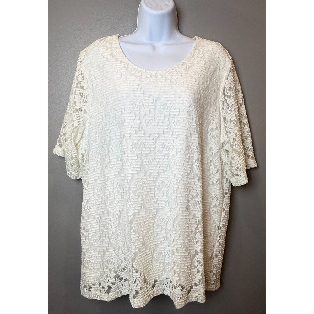 CJ Banks Women's 1X Ivory Floral Textured Lace Short Sleeve Blouse Plus Size